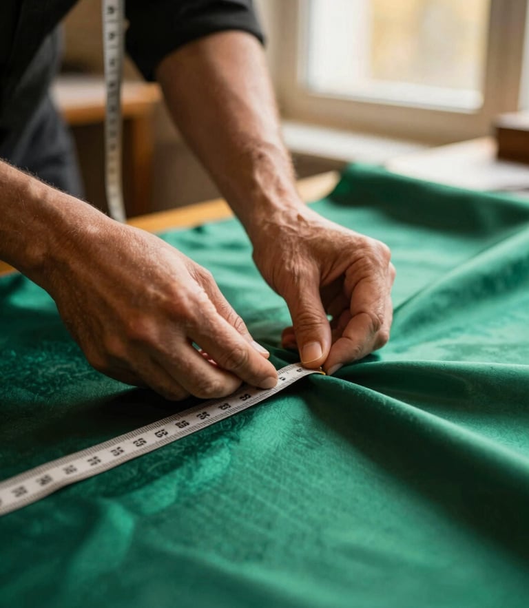 Medium close-up of a master tailor's hands measuring rich emerald silk fabric with a vintage tape measure, warm golden hour light, shallow depth of field, 35mm.