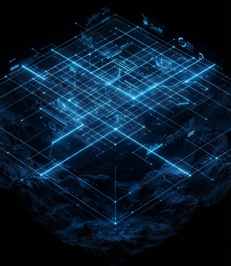 Isometric 3D render of a glowing digital map grid, electric blue coordinates floating above deep black terrain, high-contrast studio lighting