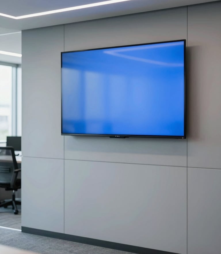 Crisp corporate office in Quito, professional consulting environment, cool daylight with blue screen-glow, 35mm lens