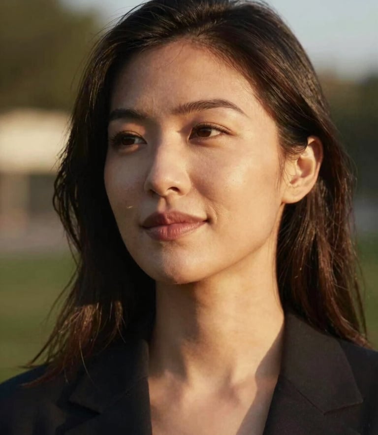 Dignified portrait of a woman looking thoughtfully towards the light, warm natural golden-hour daylight, soft authentic tones, shallow depth of field, 35mm lens, calm and hopeful expression