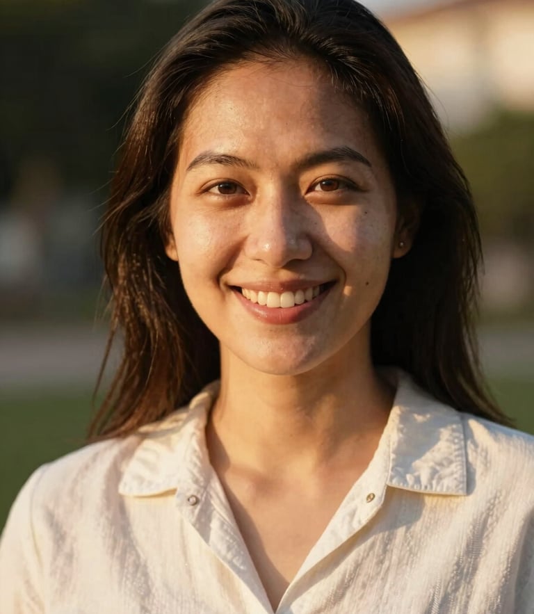 Warm editorial portrait of a smiling female community leader in natural golden-hour daylight, shallow depth of field, authentic tones, 35mm lens