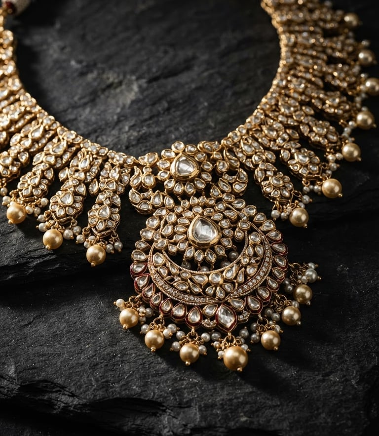 Macro photography of an intricate Kundan necklace set with champagne gold luster, dramatic side-lighting on dark textured stone.