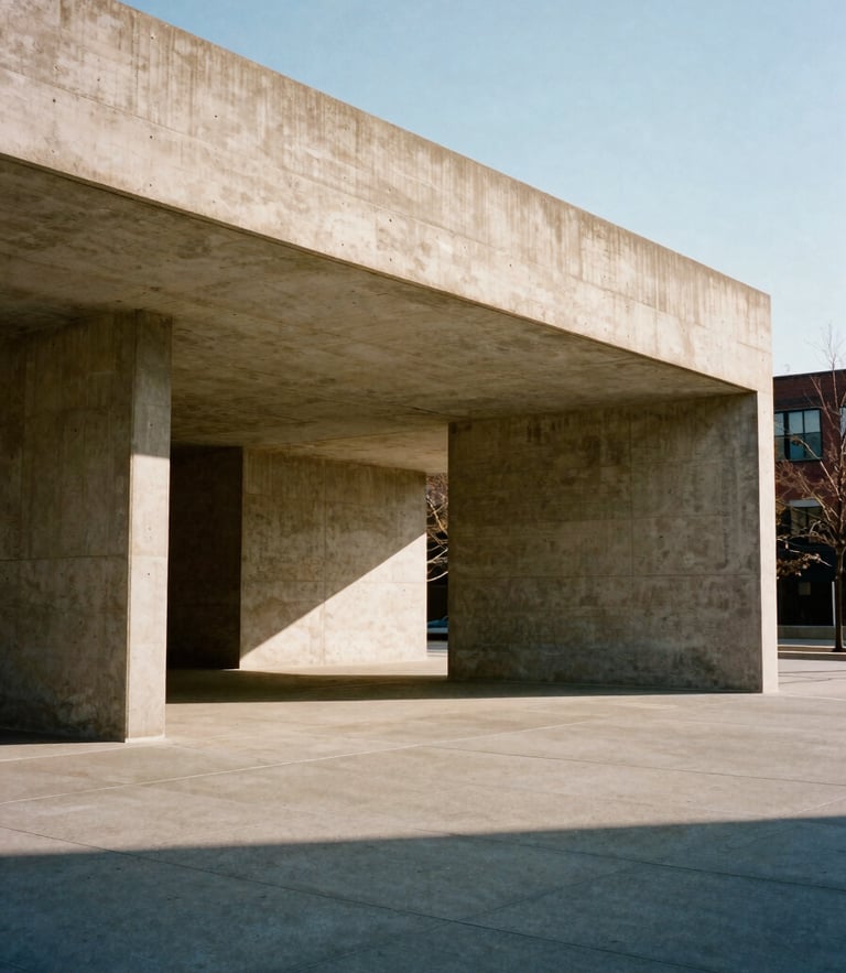 Extreme wide-angle architectural shot of a monolithic concrete pavilion in New York under sharp morning light, deep shadows, 35mm