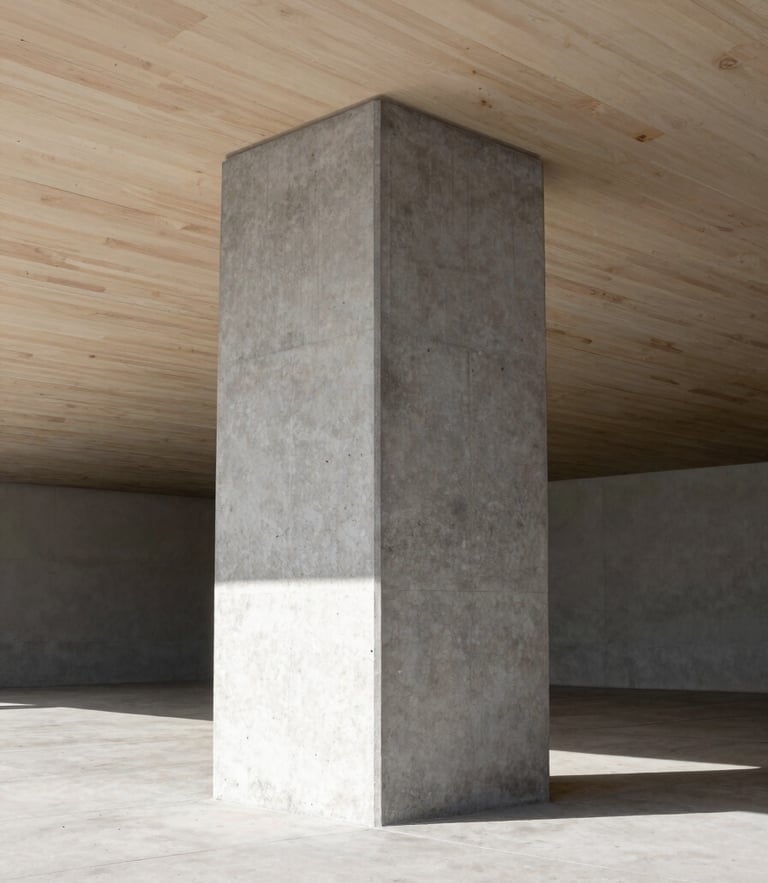A high-contrast black and white architectural detail of a concrete column meeting a timber ceiling, sharp shadows, natural light.