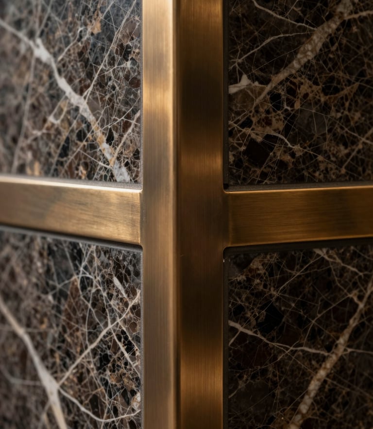 Close-up of premium architectural materials, dark veined marble meeting brushed bronze metal joints, dramatic natural side-light highlighting the textures.