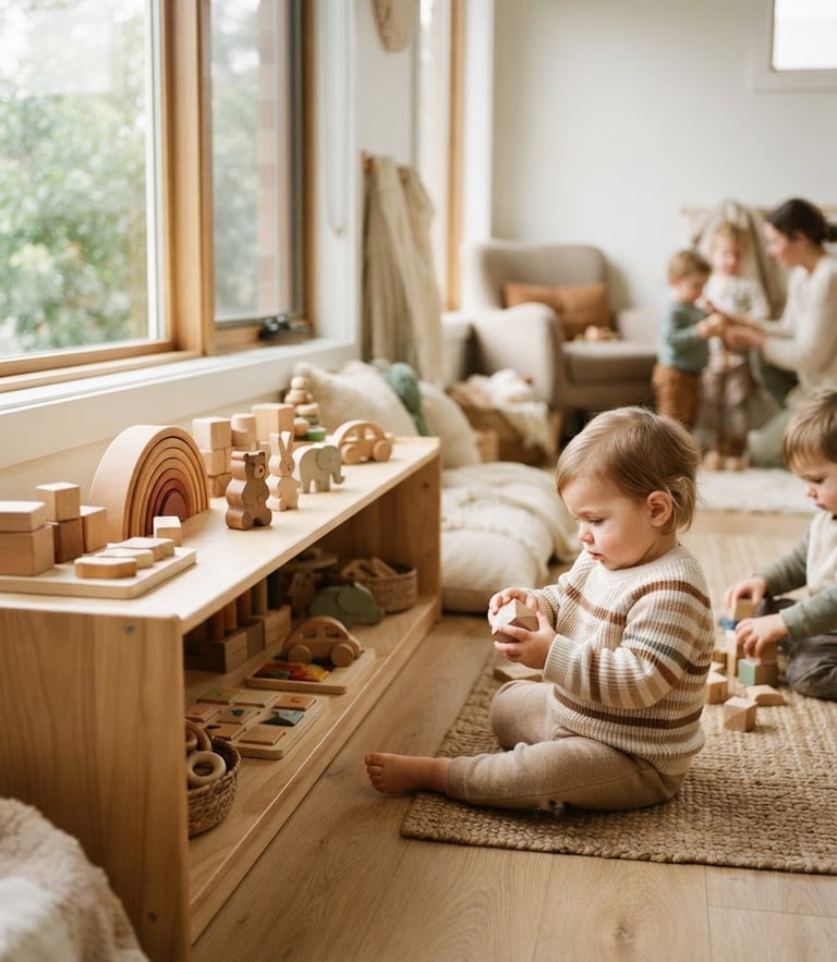 A warm, sunlit modern daycare interior with natural wooden toys on a low shelf, soft morning light filtering through a window.