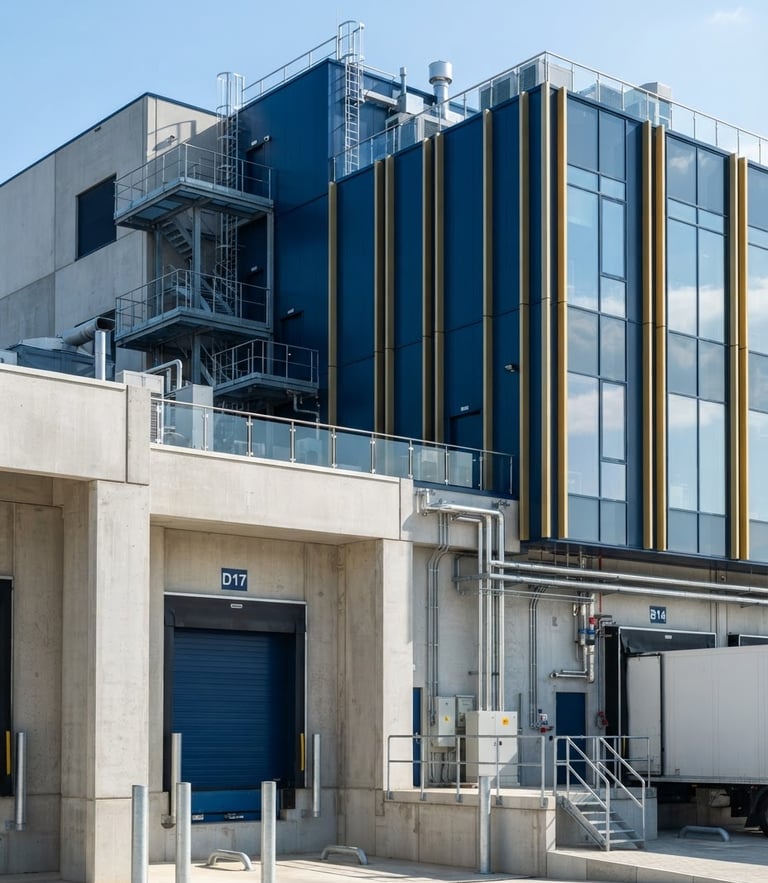 Crisp architectural detail of a modern logistics hub exterior, clean concrete lines, bright morning sunlight, sharp focus, 35mm lens