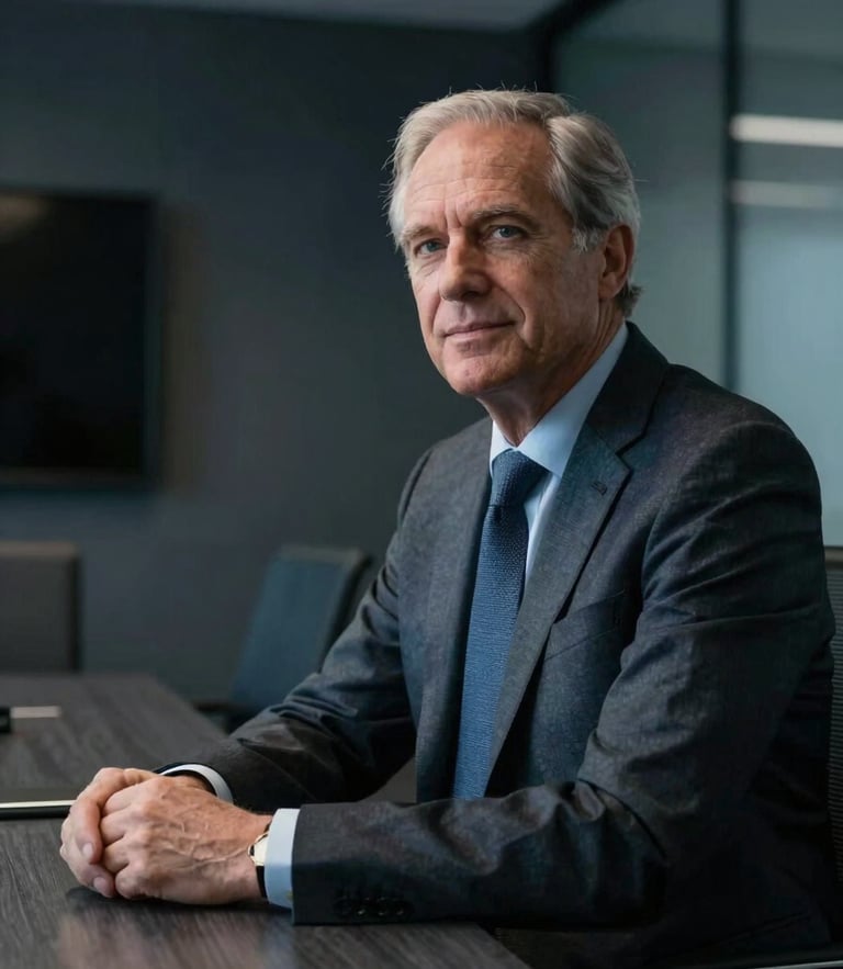 A close-up, low-key dramatic portrait of a senior investment partner in a modern dark-toned boardroom, natural side lighting, cool slate tones, 35mm lens.
