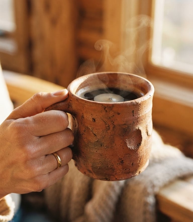 Close-up of a hand holding a warm terracotta ceramic mug filled with steaming coffee, golden-hour sunlight casting soft shadows, showing thumbprint textures, 35mm photography