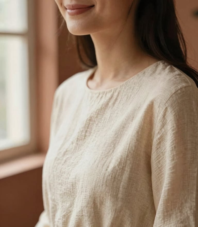 Close-up of a woman smiling gently, wearing a warm cream linen dress, soft morning window light, earthy terracotta tones, shallow depth of field, 35mm