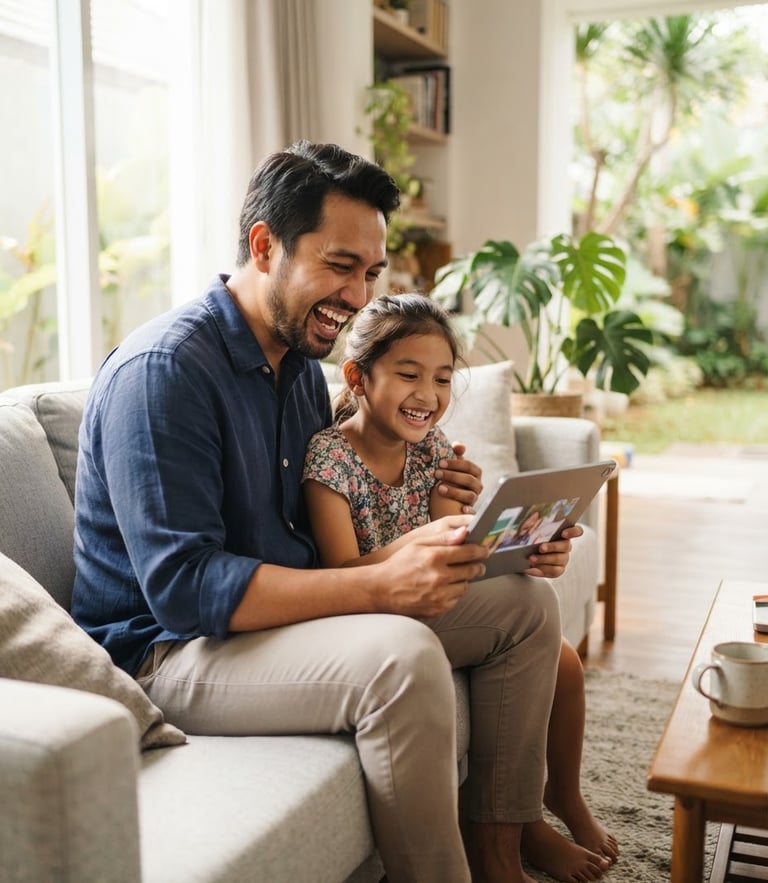 Bright lifestyle photography of a cheerful Indonesian family in a modern sunlit living room, father and daughter laughing while streaming video on a tablet, warm natural indoor lighting, clean home interior, shallow depth of field