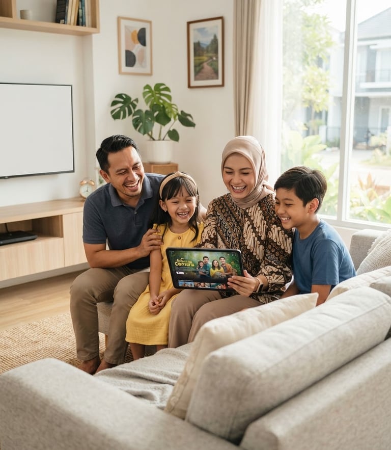 Bright lifestyle photography of a cheerful Indonesian family sitting together in a modern white living room, smiling while streaming a movie on a tablet, warm natural indoor lighting