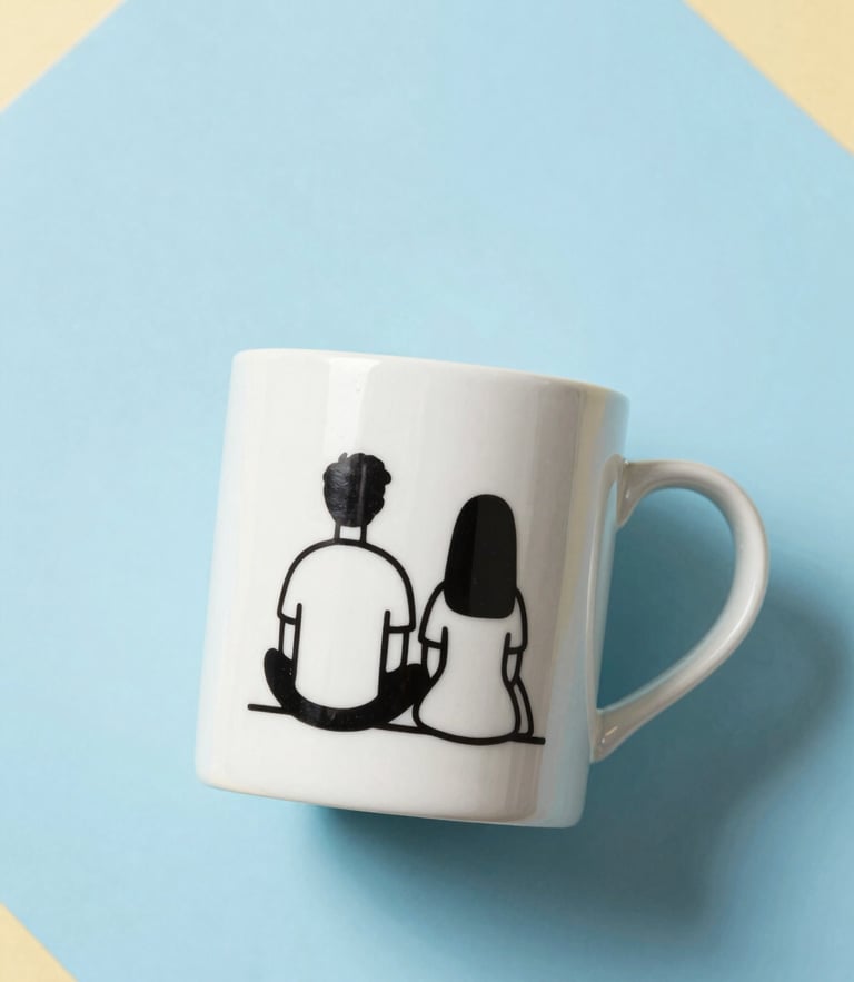 Overhead shot of a clean white ceramic mug with minimalist black line art of a couple, sitting on a bright sky blue surface under soft natural daylight, 50mm
