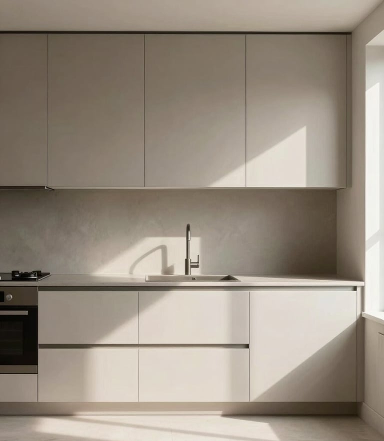 Straight-on architectural shot of a minimalist kitchen with warm gray custom cabinets, soft natural daylight, high-end details