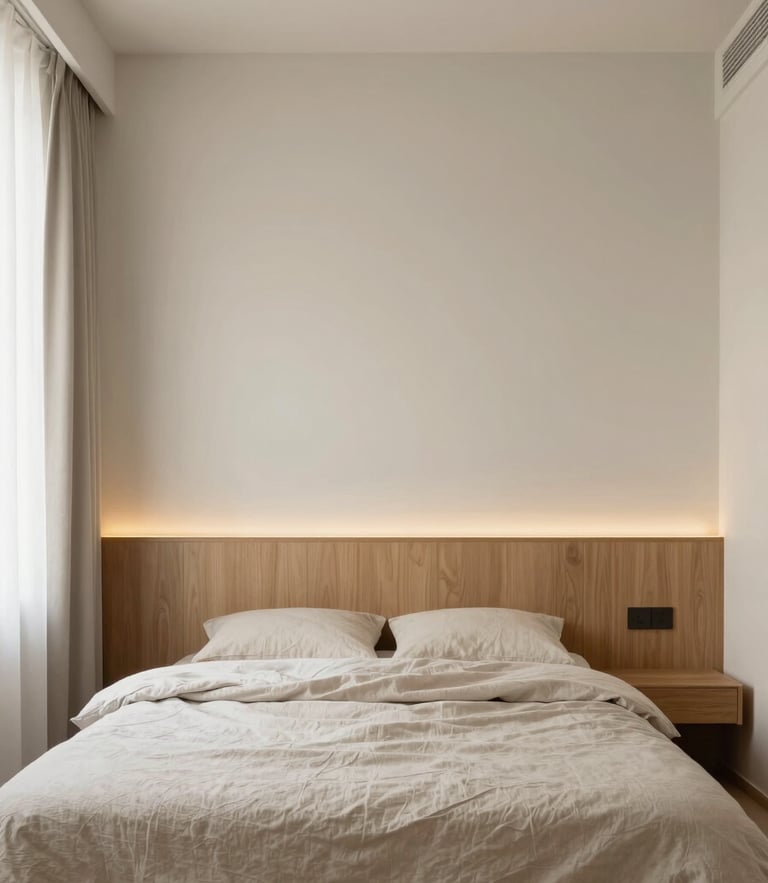 Straight-on architectural shot of a minimalist bedroom suite, custom wood headboard integrated with warm LED lighting, soft neutral linen bedding, diffused morning daylight.