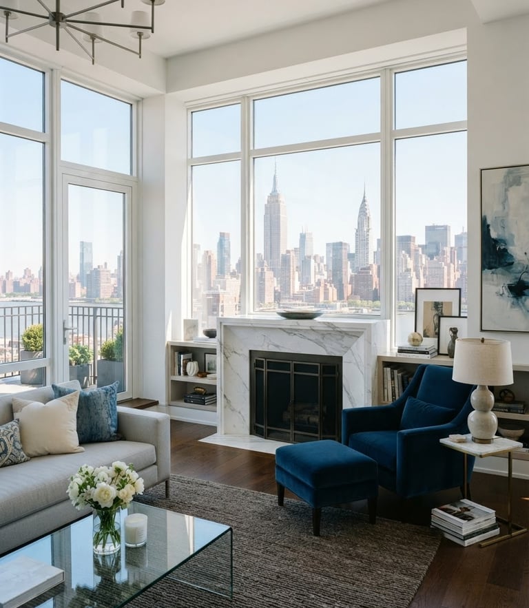 Crisp architectural photography of a pristine sunlit Manhattan penthouse living room, white marble fireplace, deep blue velvet chair, bright natural window light, 35mm lens