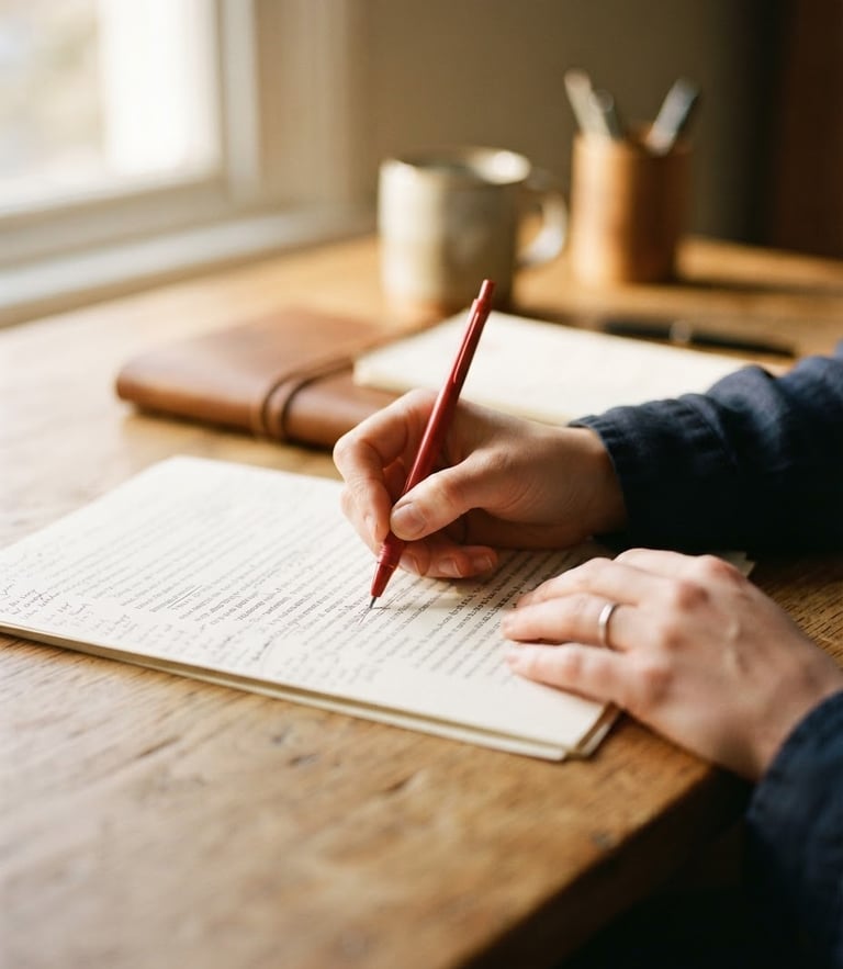 Close-up of hands editing a printed manuscript with a red pen on a warm oak desk, soft morning light from a side window, shallow depth of field, 35mm photography