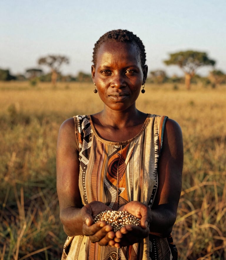 A South Sudanese woman leader in warm, golden-hour sunlight, holding indigenous seeds in her hands, vast Sudd wetlands stretching into the background.