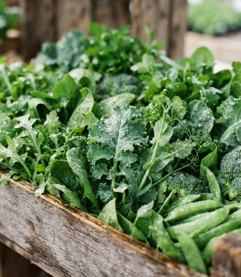 A close-up of vibrant, wet-misted green vegetables in a wooden crate, soft morning daylight, shallow depth of field