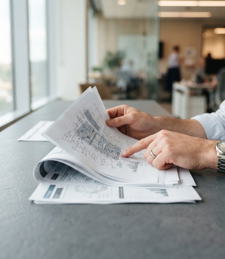 A professional close-up of hands reviewing physical strategy documents on a clean slate gray desk, natural window light, shallow depth of field.