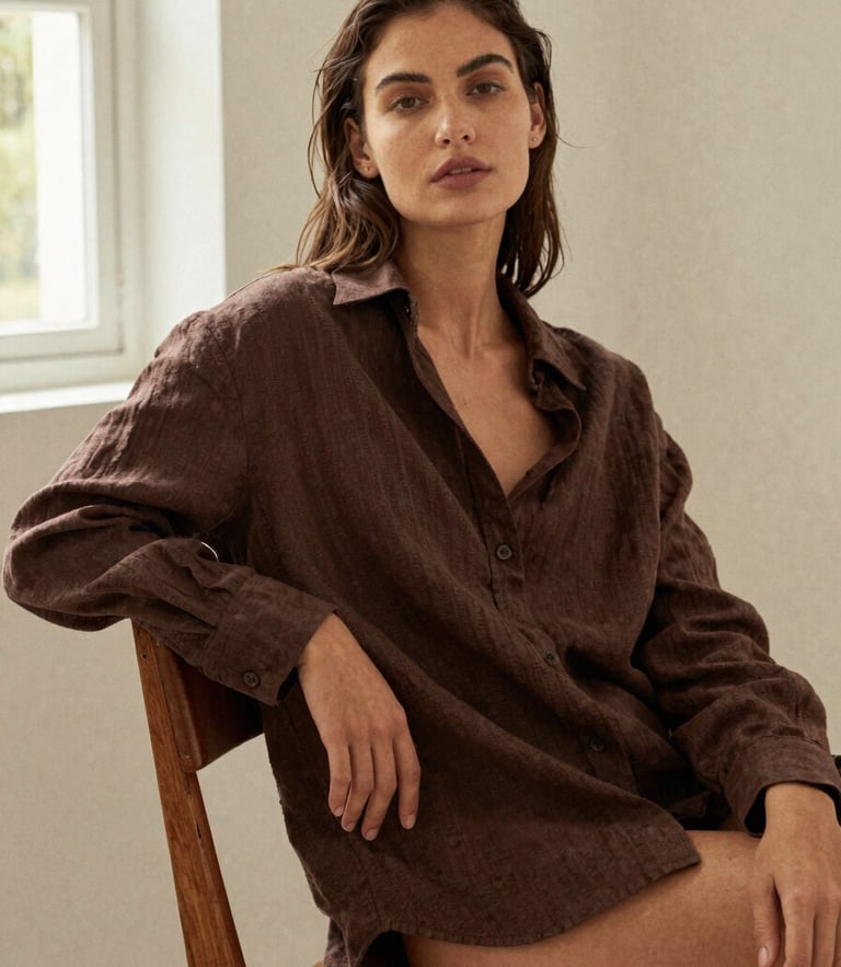 Warm editorial fashion photography, a woman in a relaxed pose wearing a drape-heavy brown linen shirt, sitting on a wooden chair against a soft off-white wall, natural window light, 35mm film.
