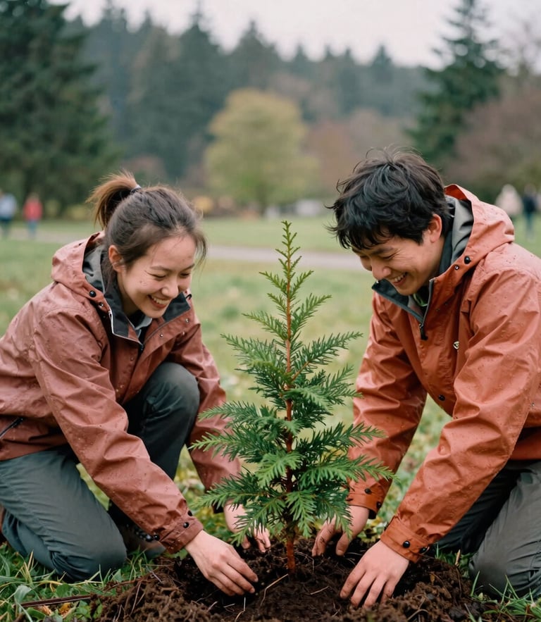 Candid shot of two volunteers in rain jackets laughing while planting a cedar sapling in a muddy park, soft overcast Washington daylight, warm mossy tones, 35mm film style.