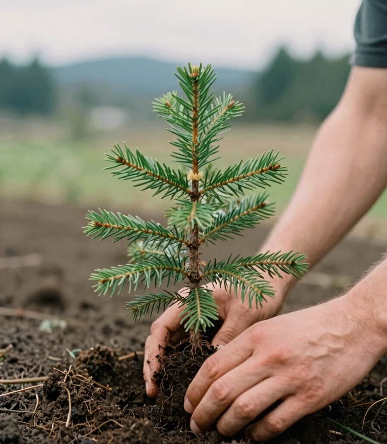 Close-up of hands planting a young evergreen sapling in rich dark soil, soft overcast Pacific Northwest daylight, warm editorial style, 35mm film
