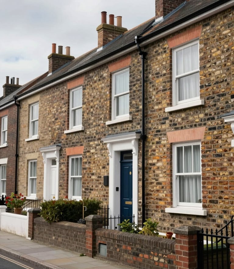 Dignified architectural exterior of terraced brick houses in a clean UK neighborhood, soft overcast daylight, wide-angle realistic perspective.