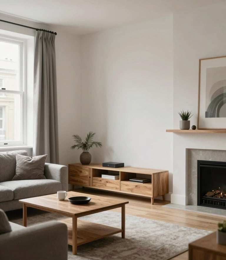 A clean, naturally lit modern apartment interior in London, showing a tidy living space with neutral decor and structured wooden furniture, soft overcast daylight.