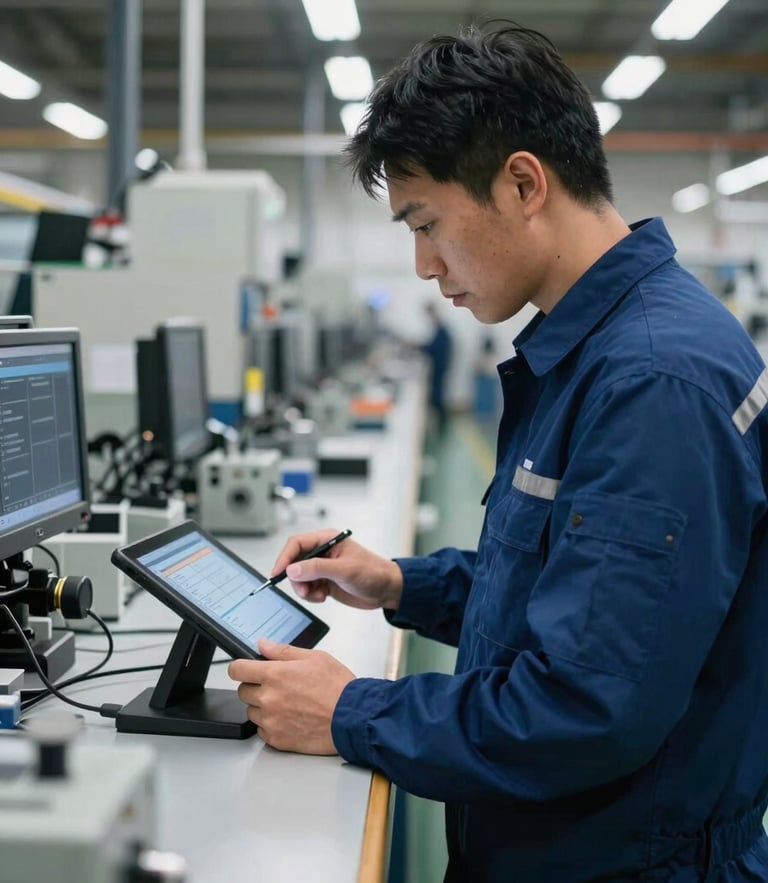 Industrial engineer in a manufacturing plant analyzing assembly line workstation ergonomics with a digital tablet, authentic factory lighting, high-contrast technical tones