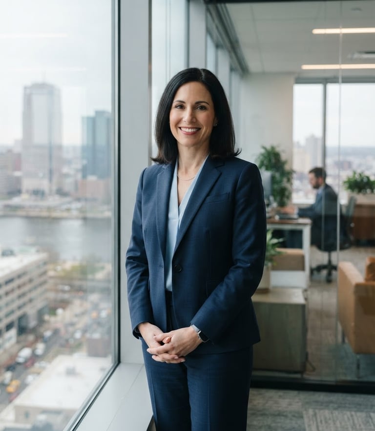 A professional attorney in a navy suit standing in a modern Newark office near a window with soft natural light, editorial portrait