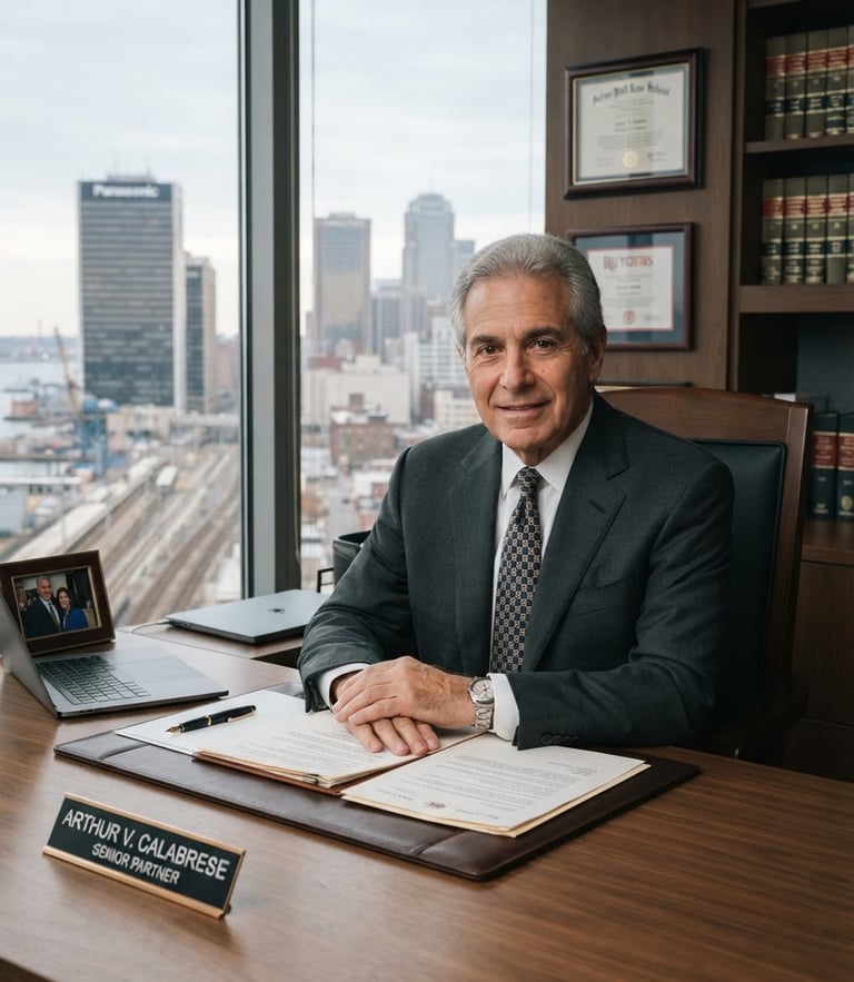 Medium environmental portrait of a senior attorney in a high-rise Newark office, soft natural window light, muted corporate tones, sharp focus, 50mm lens