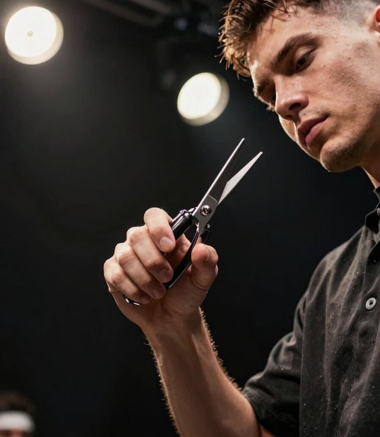 Dynamic low-angle shot of a professional barber presenting on stage under warm spotlights, holding steel clippers with intense focus, dark atmospheric background.