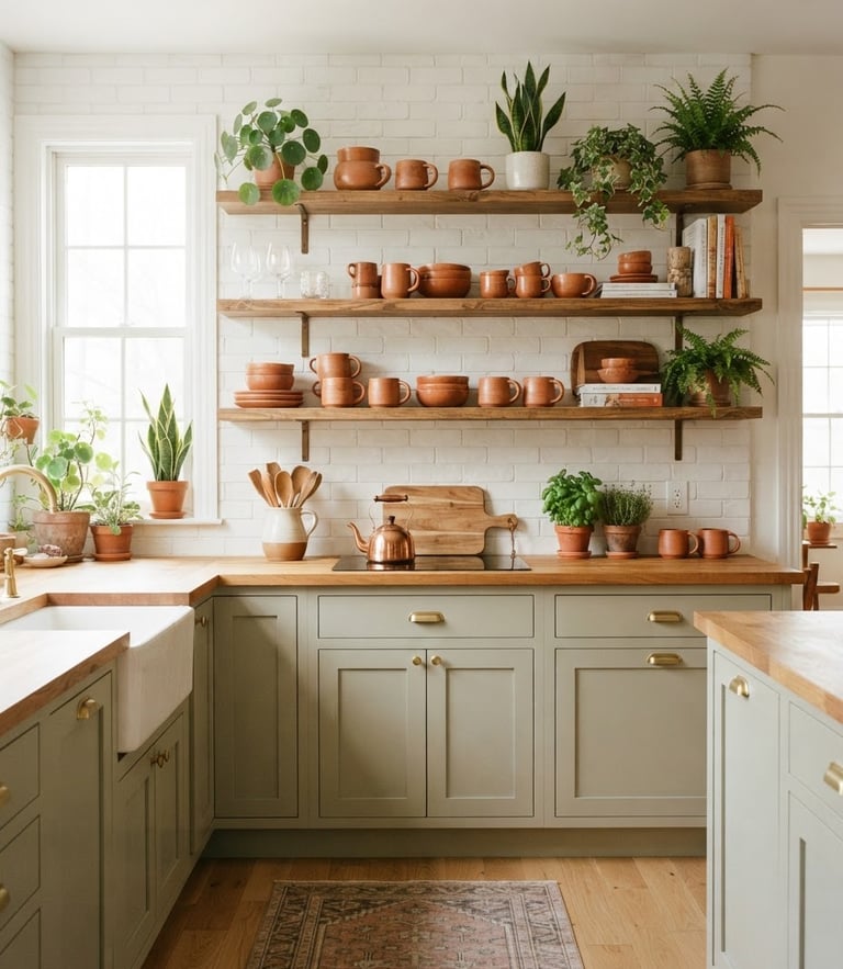 Straight-on architectural shot of a sunlit kitchen with organized open shelving, warm terracotta mugs, botanical green plants, high-key natural light, 35mm