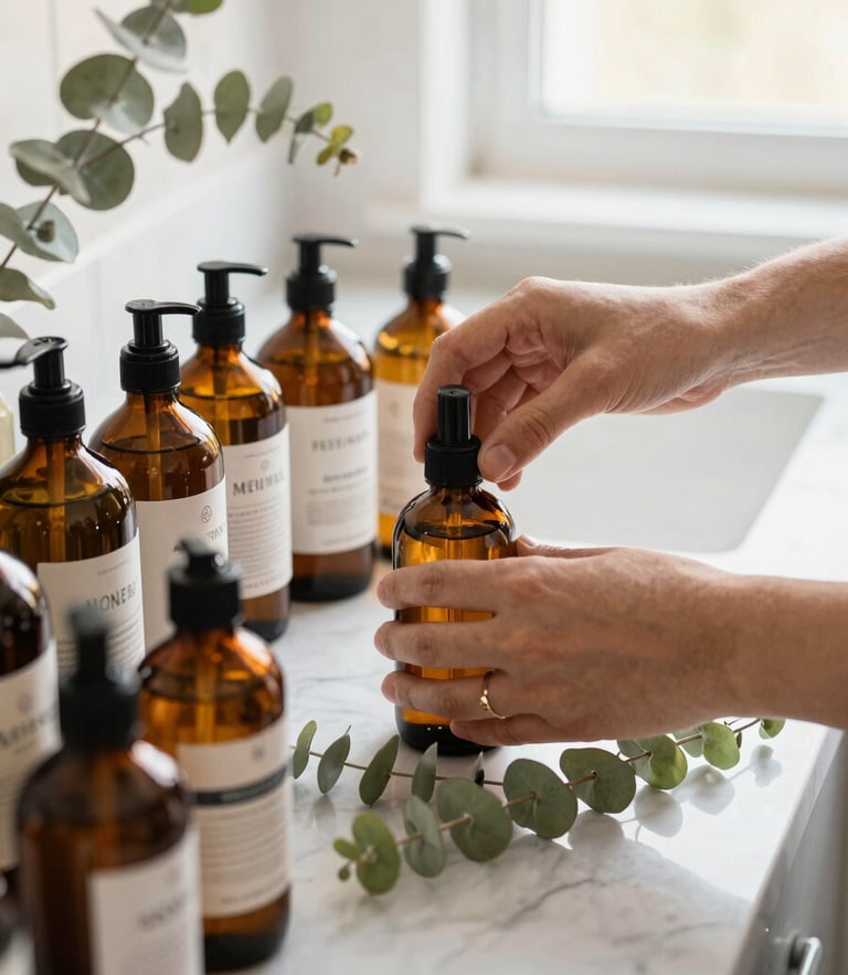 Close-up of hands arranging amber glass bottles of natural cleaning formulas next to fresh eucalyptus leaves on a bright marble countertop, warm daylight, 35mm