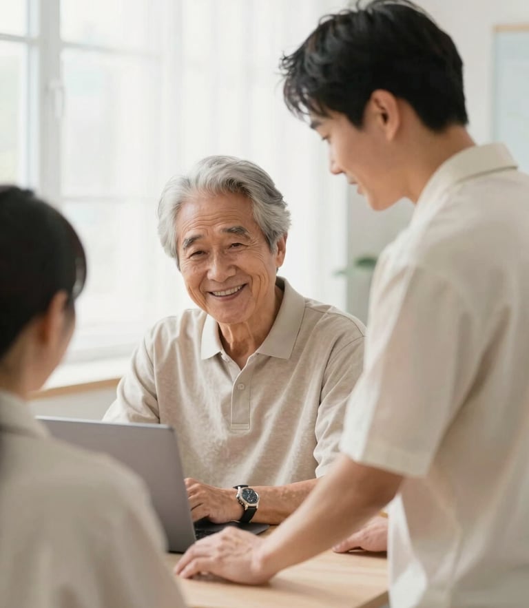 Over-the-shoulder shot of a patient instructor guiding a smiling senior student on a laptop, soft natural window light, cream and slate tones, 35mm