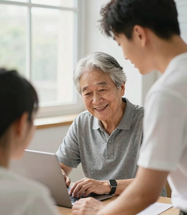 Over-the-shoulder shot of a patient instructor guiding a smiling senior student on a laptop, soft natural window light, warm tones, 35mm