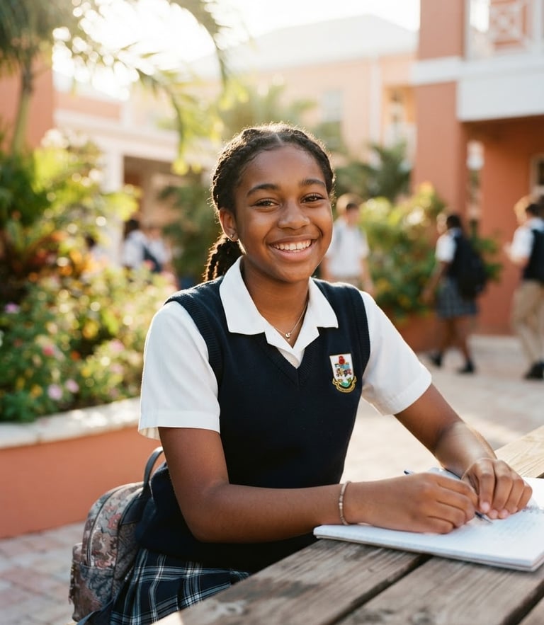 A warm editorial portrait of a young Bermudian student smiling in a sunny school courtyard, bright natural morning sunlight, shallow depth of field.