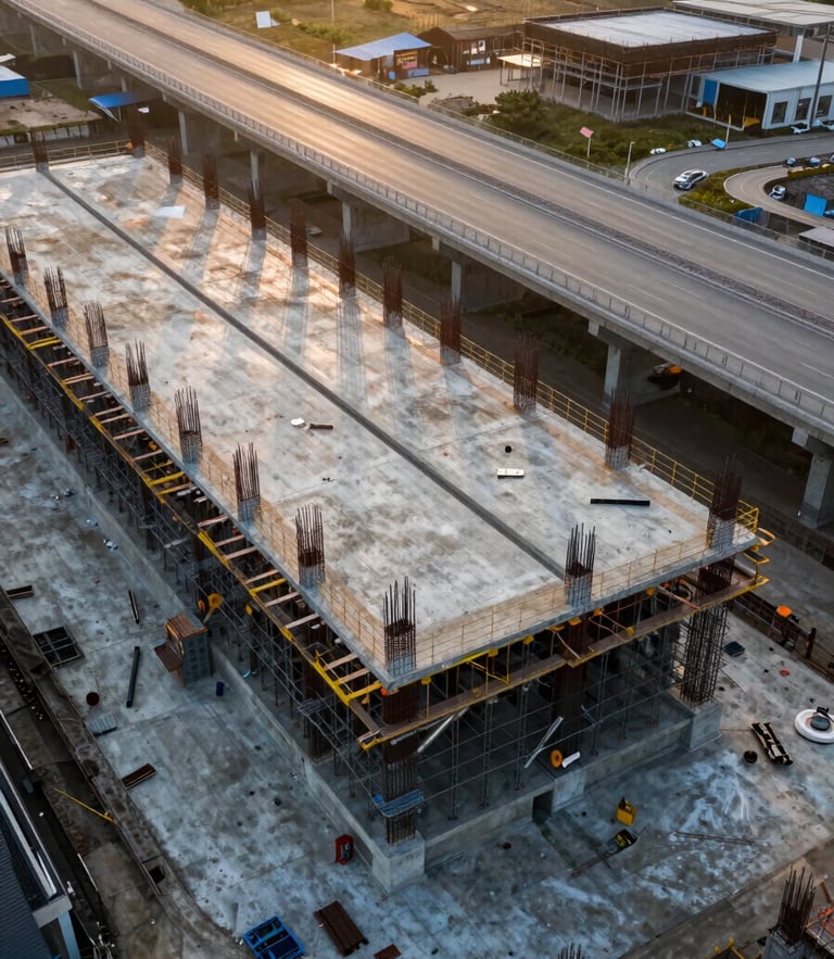 Wide aerial drone shot of a massive highway concrete foundation under construction at golden hour, showing scale and steel reinforcements.
