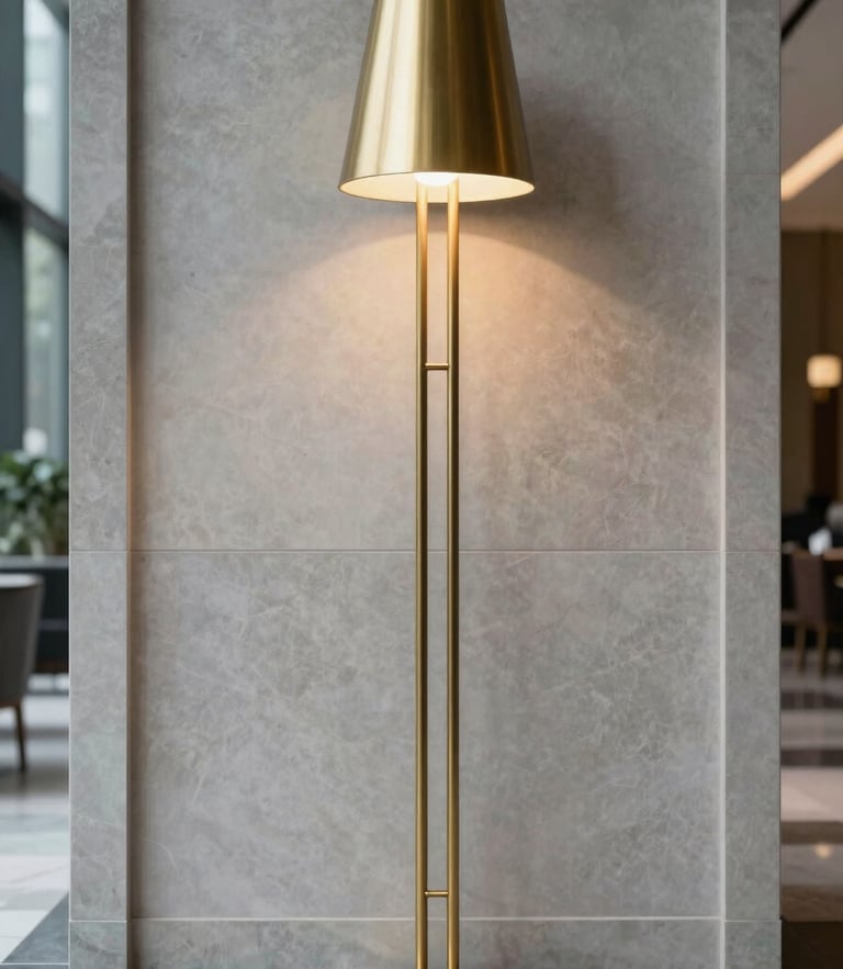 Straight-on architectural shot of a modern brass floor lamp in a luxury hotel lobby, clean lines, sharp focus, 35mm