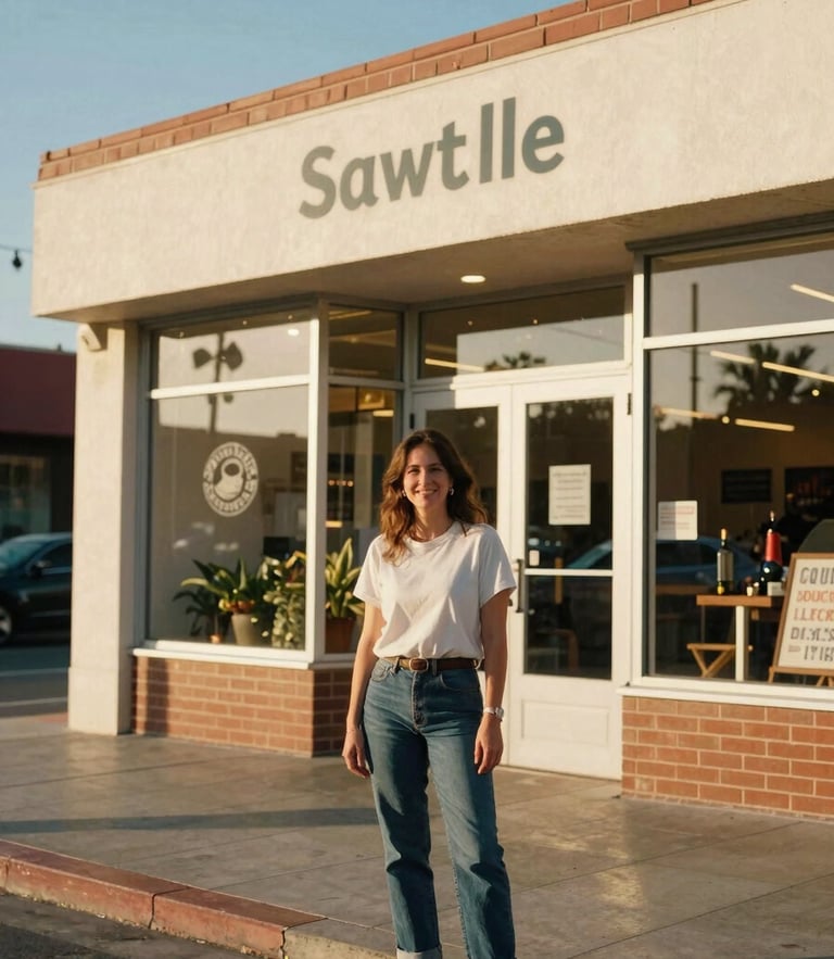 A warm editorial portrait of a smiling local business owner standing outside their storefront on Sawtelle Boulevard, bright Southern California golden-hour daylight casting soft shadows, rich natural colors, 35mm film look.
