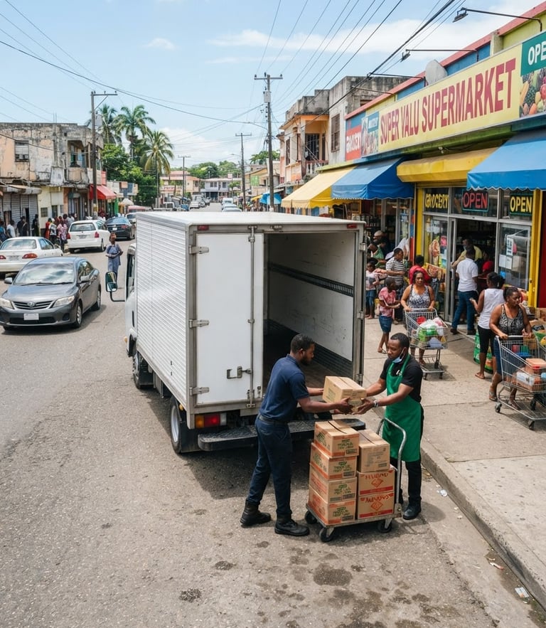 A modern Islandwide Distributors delivery truck parked outside a bright, bustling Jamaican supermarket at midday, professional handover of goods in progress.