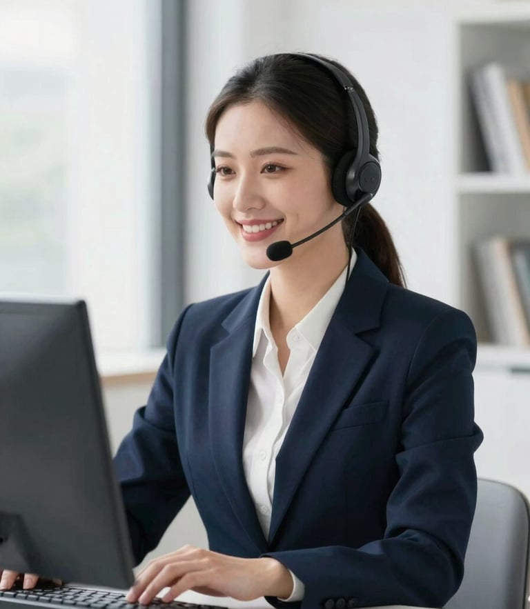 A professional remote receptionist with high-quality headset, smiling warmly in a bright, clean modern home office, soft natural daylight, deep navy accents, 50mm lens