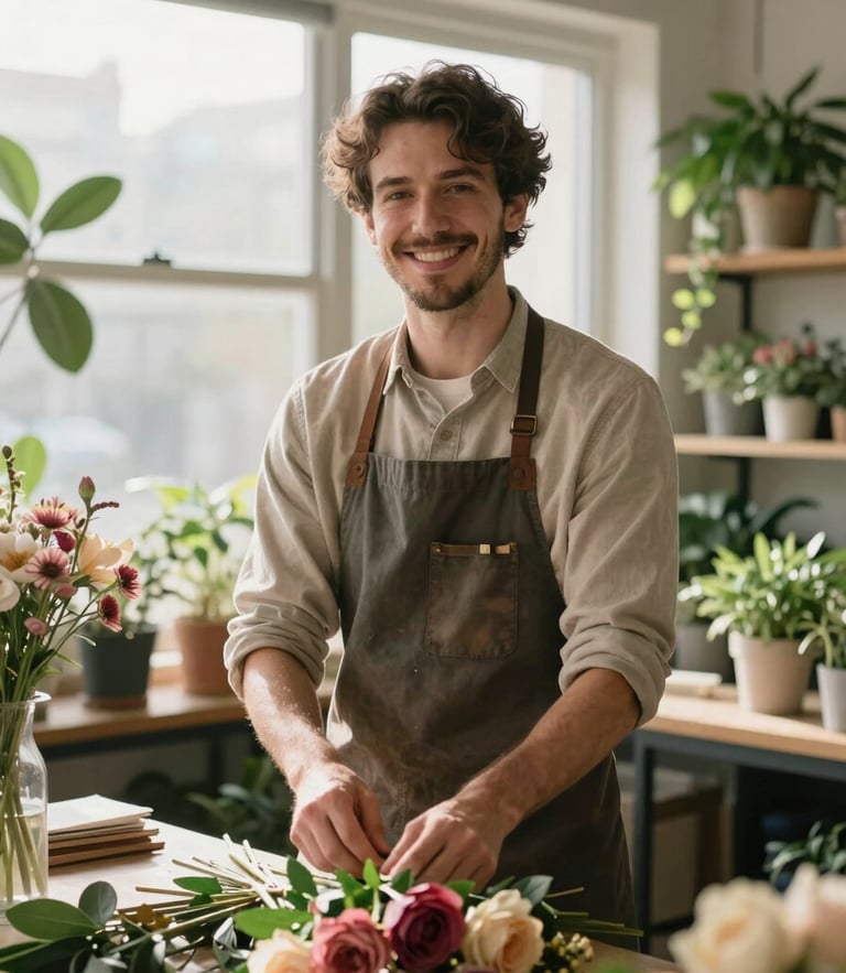 A friendly local florist in her plant-filled studio, arranging a warm bouquet under soft morning window light, medium portrait framing.
