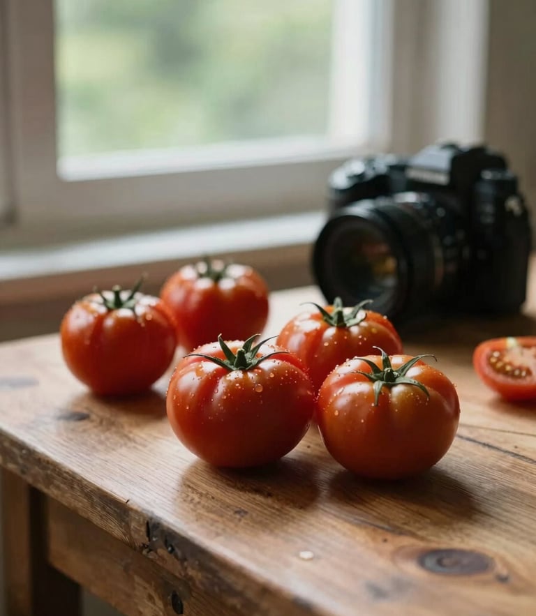 Soft natural window light on a rustic wooden table with fresh regional tomatoes, a professional camera blurred in the background, warm cozy atmosphere, 35mm photography