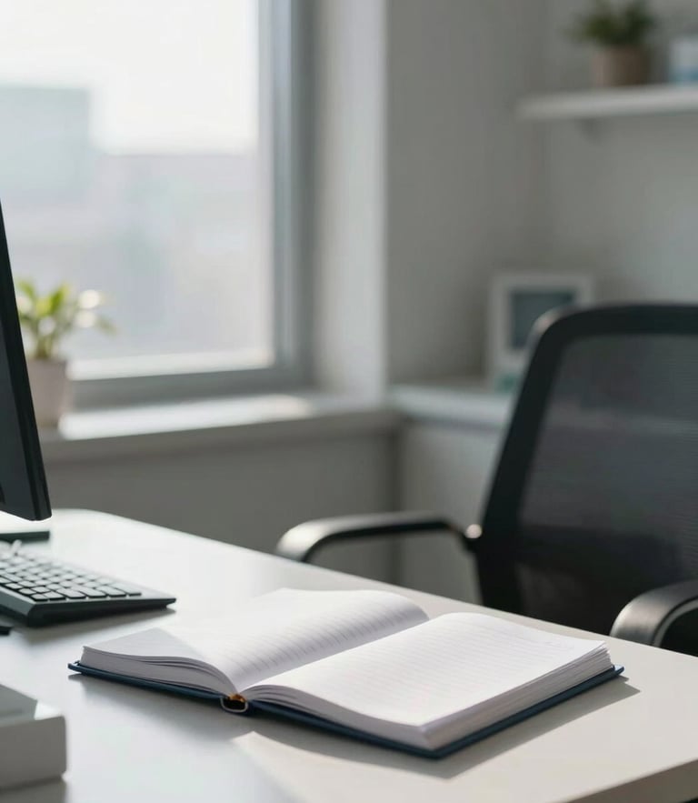 Soft natural light streaming through a modern clinic window, illuminating an organized professional desk with an open medical notebook, conveying a safe and orderly space.
