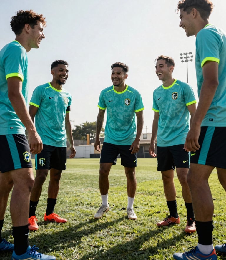 Low-angle shot of diverse athletic team laughing together on a sun-drenched Lima pitch, high-contrast late afternoon light, vibrant neon cyan accents, 35mm film grain.