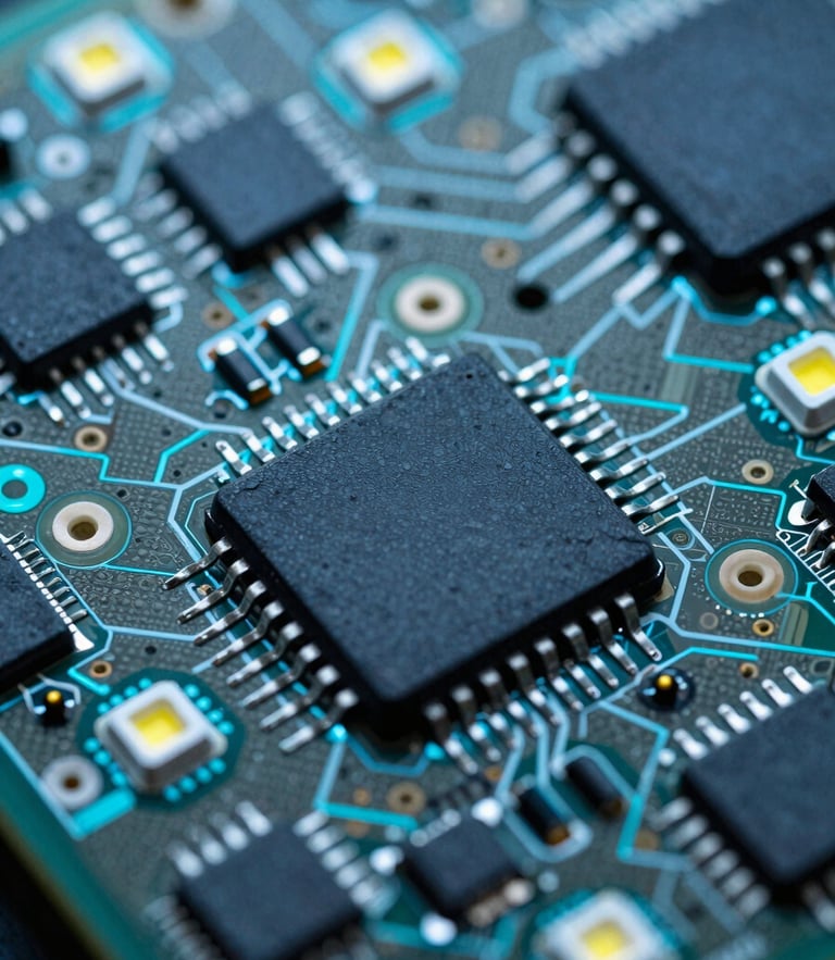 Extreme macro shot of high-density PCB, sharp cool-toned LED lighting, high-contrast dark slate and electric cyan, ultra-detailed 100mm lens