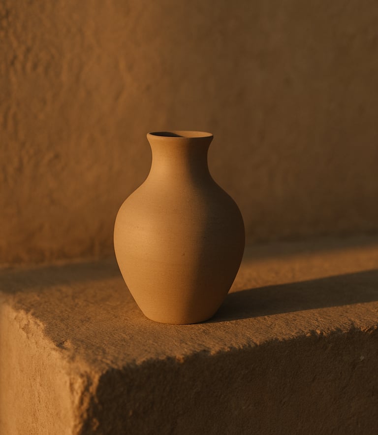 Minimalist ceramic vessel on a textured stone ledge, soft golden-hour light casting long elegant shadows, warm earth tones, 35mm photography