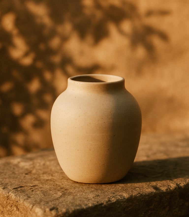 A close-up of a minimalist ceramic vessel sitting on a rustic stone ledge, soft golden-hour light filtering through leaves, casting delicate shadows